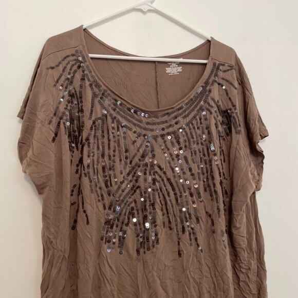 LANE BRYANT Plus Size Solid Brown Sequin Embellished Short Sleeve Blouse 22 / 24 - Picture 2 of 15
